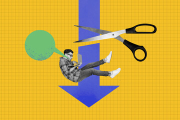Collage picture sketch of afraid scared man falling down losing earnings income profit isolated on...