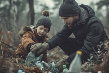 Boy and father wearing gloves collecting bottles 