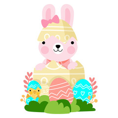 Easter bunny rabbits with baby chicks and Easter eggs, Welcome spring season,