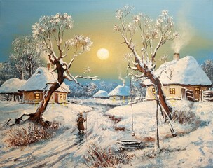 Oil paintings rural landscape, winter landscape with snow covered trees, old village, fine art