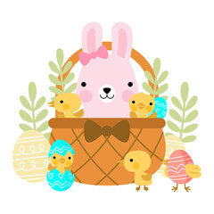 Basket Easter bunny rabbits chicks and Easter eggs clipart