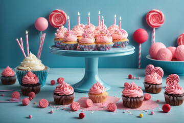 birthday cupcakes with candles - obrazy, fototapety, plakaty