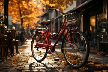 Fototapeta na wymiar A vibrant red bicycle rests peacefully on the bustling city sidewalk, its sleek frame and sturdy wheels ready for a leisurely ride through the autumn streets