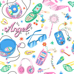 Seamless pattern with Cute cartoon retro 2000s CD players, flip phone, sunglasses. Hand drawn flat vector y2k glamour accessorise in colored doodle style. Background in 00s nostalgic style.