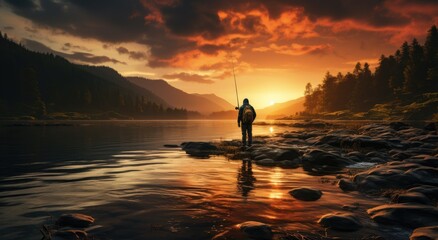 A solitary figure stands amidst the serene landscape, casting their line into the shimmering water as the sun sets behind the majestic mountains, creating a breathtaking reflection on the peaceful la