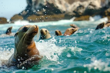 California sea lions frolic in the ocean around Anacapa Island in the Channel Islands 