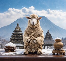 Sheep in the snow against the background of the temple and volcano.