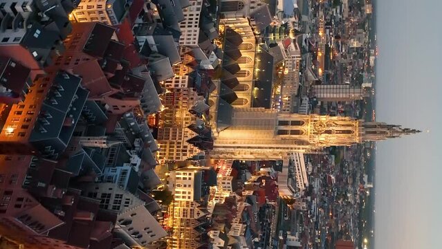 Aerial view of cityscape of Antwerp, gothic style landmark Cathedral of Our Lady Antwerp and historic center of city Belgium from above, Europe. Aerial vertical, vertical video background.