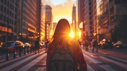 Rearview photography of a young woman or businesswoman wearing a backpack walking through a city or downtown street traffic at the sunset, tall buildings or skyscrapers and towers, people blurred - obrazy, fototapety, plakaty