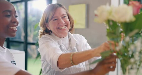 Women, flower arranging and elderly retirement or fun activity or volunteer helper, service or support. Black person, plants and happy collaboration or bouquet for cheerful, together or connection