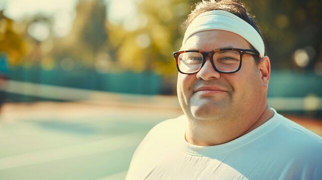Fat, overweight, out of shape adult mature man standing on an orange tennis court, looking at the camera. Male player wearing sport headband and glasses. Body weight control, exercise outdoors summer