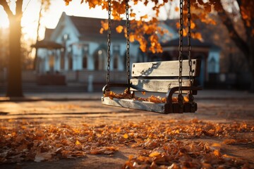 As the sun sets on the autumn park, a lone figure sits on the wooden swing, surrounded by fallen leaves and the quiet hum of the city