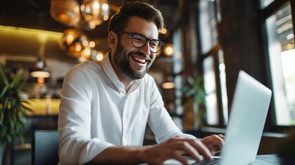 Bearded handsome young businessman sitting in his office, smiling and typing on a laptop computer device keyboard. Wearing glasses and white shirt. Male person or entrepreneur working,happy at his job - Powered by Adobe