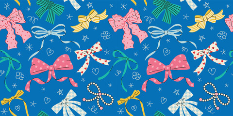 Seamless pattern with various cartoon bow knots, gift ribbons. Trendy hair braiding accessory. Hand drawn vector illustration. Valentine's day background. - 713196857