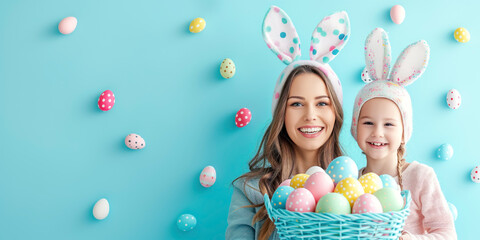 Happy mother and her daughter standing on blue background with basket full of colourful eggs and with bunny ears on their heads. Easter concept. - obrazy, fototapety, plakaty