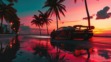 A sports car speeds along the Miami Beach coastline, surrounded by palm trees, exuding a sense of speed.