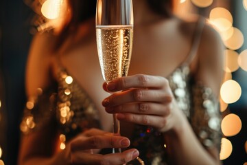 Close up of woman hands with champagne glass 