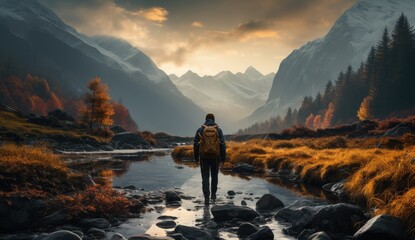 Amidst the tranquil fog and vibrant autumn landscape, a solitary figure stands in the river, surrounded by majestic mountains and a breathtaking sunset, lost in the wild beauty of nature while on a p - obrazy, fototapety, plakaty