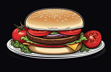 Juicy burger on a plate. Burger with tomatoes and lettuce.