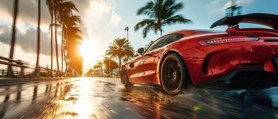 Obraz premium A sports car speeds along the Miami Beach coastline, surrounded by palm trees, exuding a sense of speed.