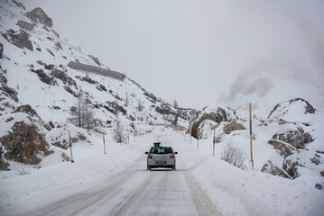 Bad winter weather in mountains, winter road