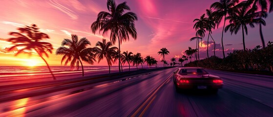 A sports car speeds along the Miami Beach coastline, surrounded by palm trees, exuding a sense of speed.