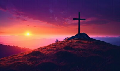 A symbol of hope stands tall amidst the ever-changing sky, silhouetted against the majestic mountain landscape, as the sun sets on a peaceful evening, Easter concept