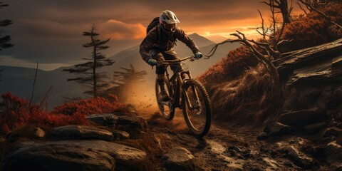 Pedaling through the golden hour, a rider conquers the rugged terrain on their trusty mountain bike, helmet gleaming under the setting sun