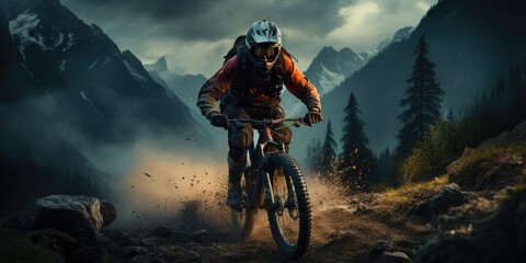A fearless cyclist braves the foggy terrain, pushing their mountain bike to the limit on a dirt road as they ride towards the cloudy horizon - obrazy, fototapety, plakaty