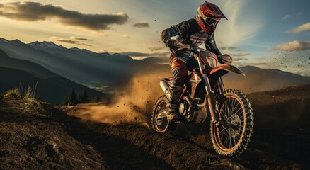 Fototapeta na wymiar A fearless man conquers the rugged terrain on his dirt bike, soaring through the sky as the sun sets behind him in a thrilling display of extreme sportsmanship