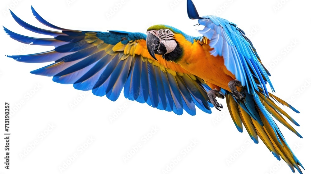 Poster A vibrant blue and yellow parrot soaring through the air. Perfect for adding a touch of color and exoticism to any project or design