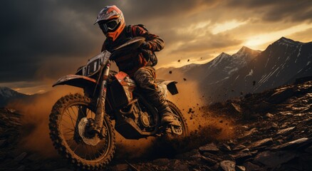 Thrilling skyward adventure on a dirt bike, as a fearless rider tackles the rugged terrain with skill and style - obrazy, fototapety, plakaty