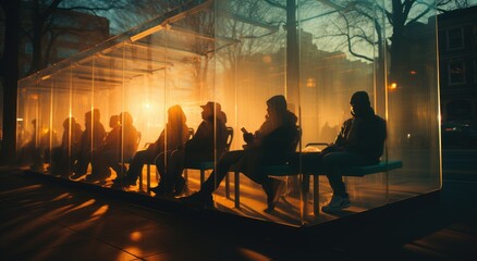 As the fog rolls in, silhouettes of people sitting on benches at a bus stop are illuminated by the warm city lights, creating a peaceful scene in the bustling streets of the night