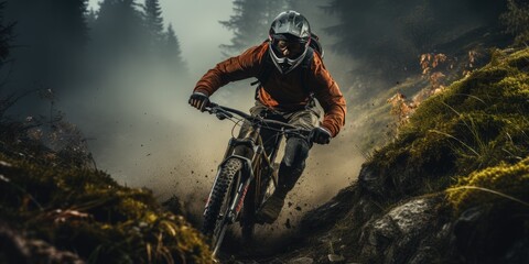 Amidst the fog, a daring individual conquers the rugged terrain on their trusty mountain bike, donning a helmet and equipped with their beloved sports equipment, showcasing the thrilling combination  - Powered by Adobe