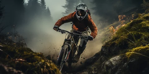 Foto op Plexiglas Amidst the fog, a daring individual conquers the rugged terrain on their trusty mountain bike, donning a helmet and equipped with their beloved sports equipment, showcasing the thrilling combination  © Larisa AI