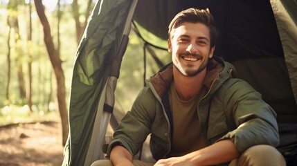 Handsome young man camping in the forest wilderness, sitting in green camping tent, smiling and looking at the camera. Enjoying morning sunshine in the woods, happy male camper wearing jacket