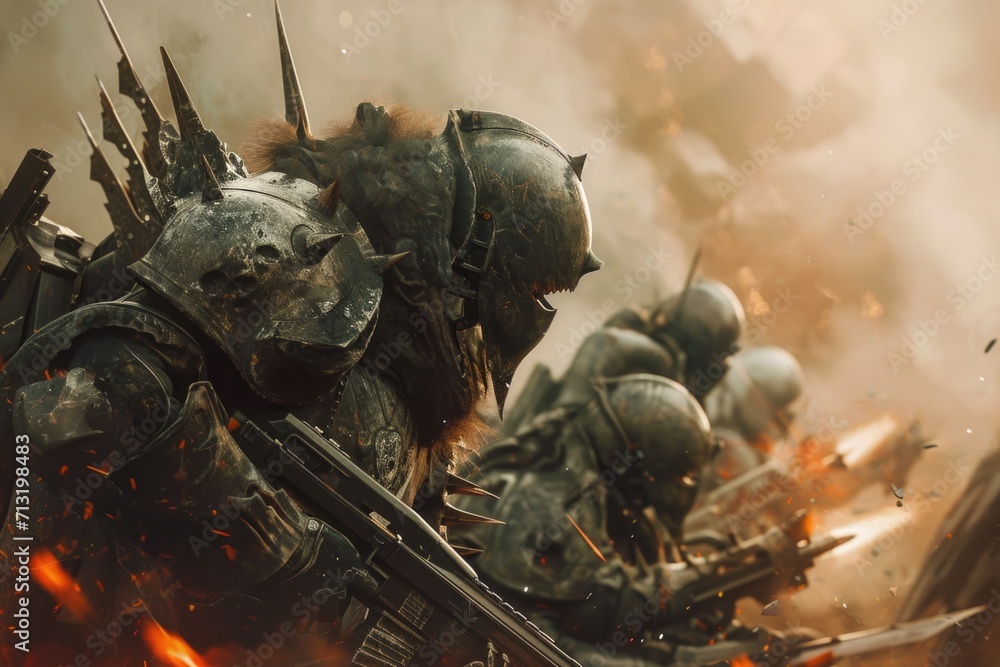 Poster A group of soldiers equipped with weapons standing in a field. Suitable for military and warfare themes