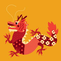 2024 Chinese Dragon Lunar New Year card. Festive vector illustration. Chinese greeting design. Hand drawn Asian style abstract geometric dragon. 