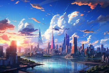 Celebrate the vibrancy of urban living in anime form with a city background, featuring animated skyscrapers, bustling streets, Generative AI - obrazy, fototapety, plakaty