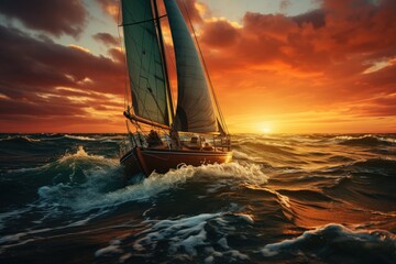 A majestic sailboat glides gracefully through the vast ocean, its sails billowing in the wind as the sun sets in the sky, creating a picturesque scene of freedom and adventure - obrazy, fototapety, plakaty