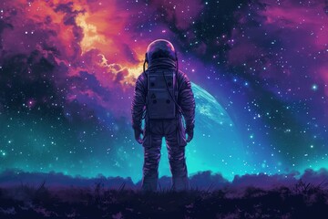 The astronaut in the colorful space.