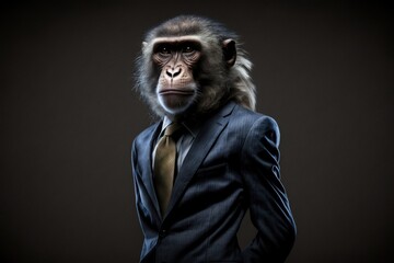 portrait of monkey in a full-length business suit on a dark background
