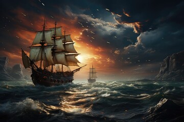 Obraz premium A majestic sailing ship gracefully glides through the endless expanse of the ocean, its towering mast reaching towards the sky as fluffy clouds dot the horizon, a true symbol of adventure and freedom