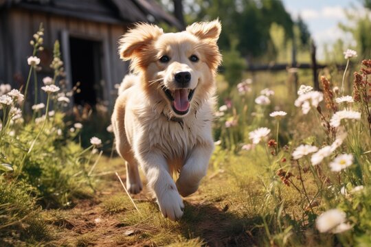 A lively brown dog frolics through a vibrant field of flowers, surrounded by lush green grass and towering trees, embodying the joy and freedom of the great outdoors