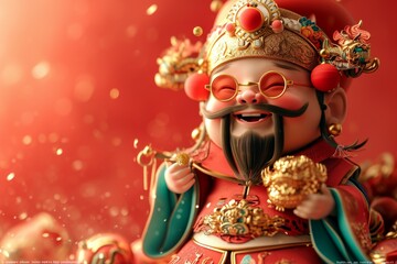 The God of Wealth for chinese new year at red background.