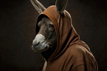 portrait of mule in sportswear and a hood