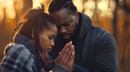 African American man and woman praying together outdoors in nature, sun rays in the background....
