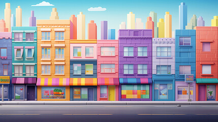 Vibrant Pastel Cartoon Cityscape with Japanese Minimalism and Anime Art Elements