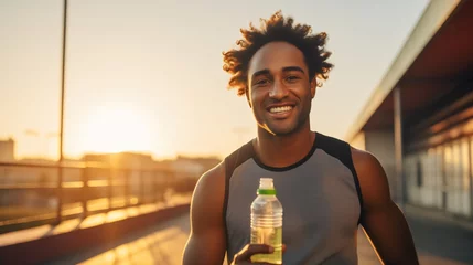 Poster Handsome young African American man standing on an orange athletics field running tracks, smiling and looking at the camera. Wearing a backpack, holding a bottle of water in hand, athlete hydration © Nemanja