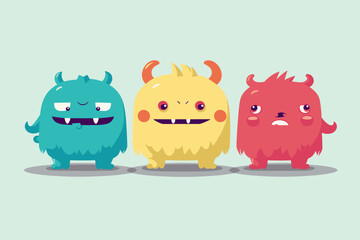 Cute abstract cartoon characters set. Bundle of different types of colorful monsters with simple shapes. Mascots expressing emotions. Vector childrens illustration in flat design isolated collection